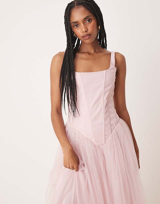 Asos Lace & Beads Drop Waist Corset Detail Maxi Dress In Powder Pink
