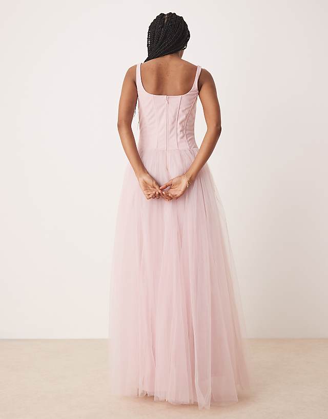 Asos Lace & Beads Drop Waist Corset Detail Maxi Dress In Powder Pink