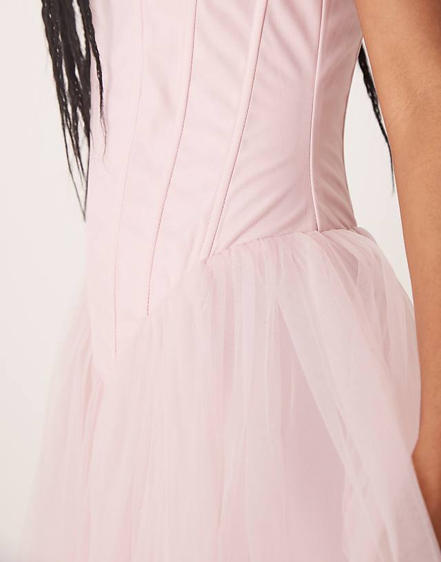 Asos Lace & Beads Drop Waist Corset Detail Maxi Dress In Powder Pink