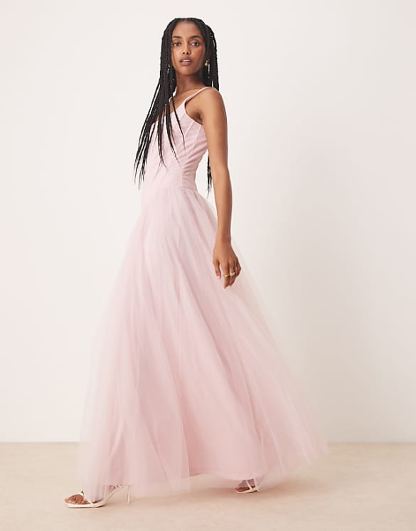 asos Lace & Beads drop waist corset detail maxi dress in powder pink