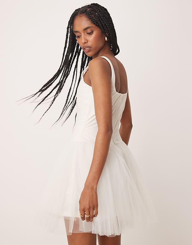 Asos Lace & Beads Drop Waist Corset Detail Mini Dress In Butter Cream