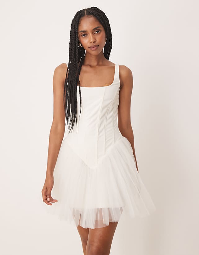asos Lace & Beads drop waist corset detail mini dress in butter cream