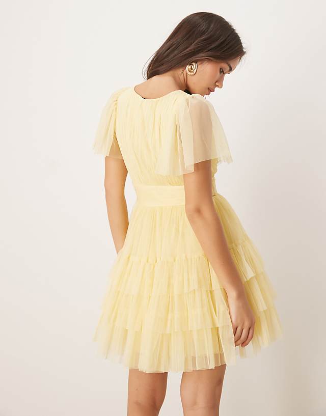 Asos Lace & Beads Flutter Sleeve Mini Dress In Buttercup