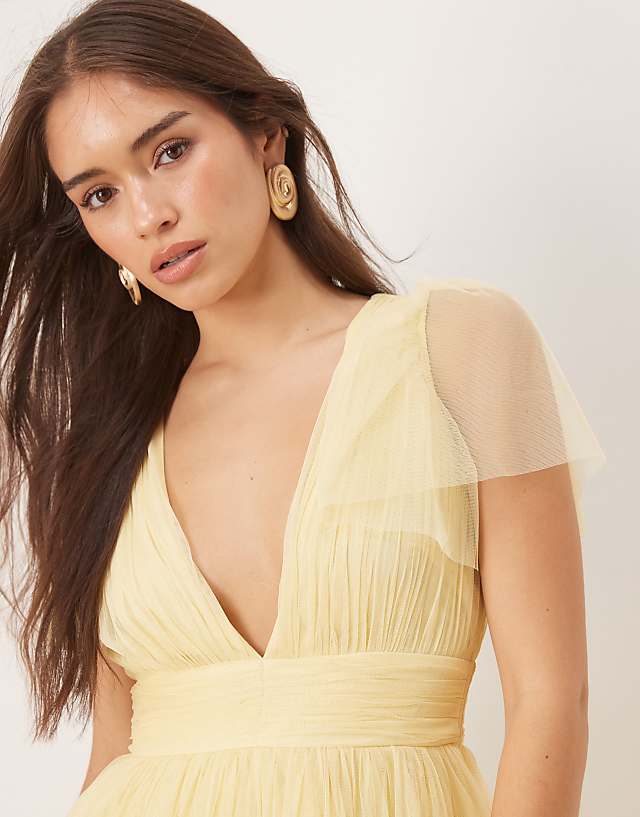 Asos Lace & Beads Flutter Sleeve Mini Dress In Buttercup