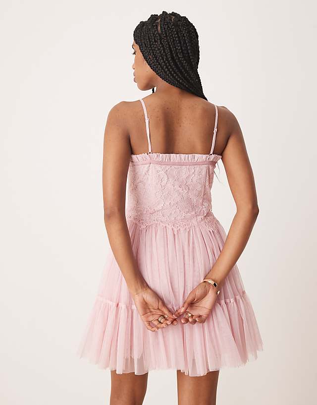 Asos Lace & Beads Lace Corset Tulle Mini Dress In Pastel Pink