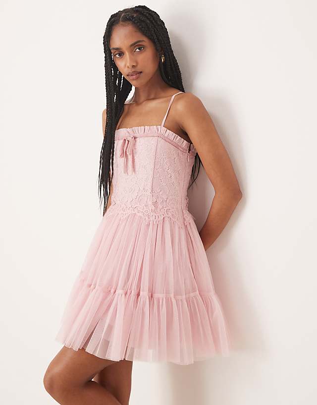 asos Lace & Beads lace corset tulle mini dress in pastel pink
