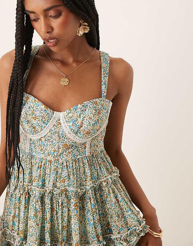 Asos Lace & Beads Lace Trim Corset Ruffle Mini Dress In Ditsy Floral