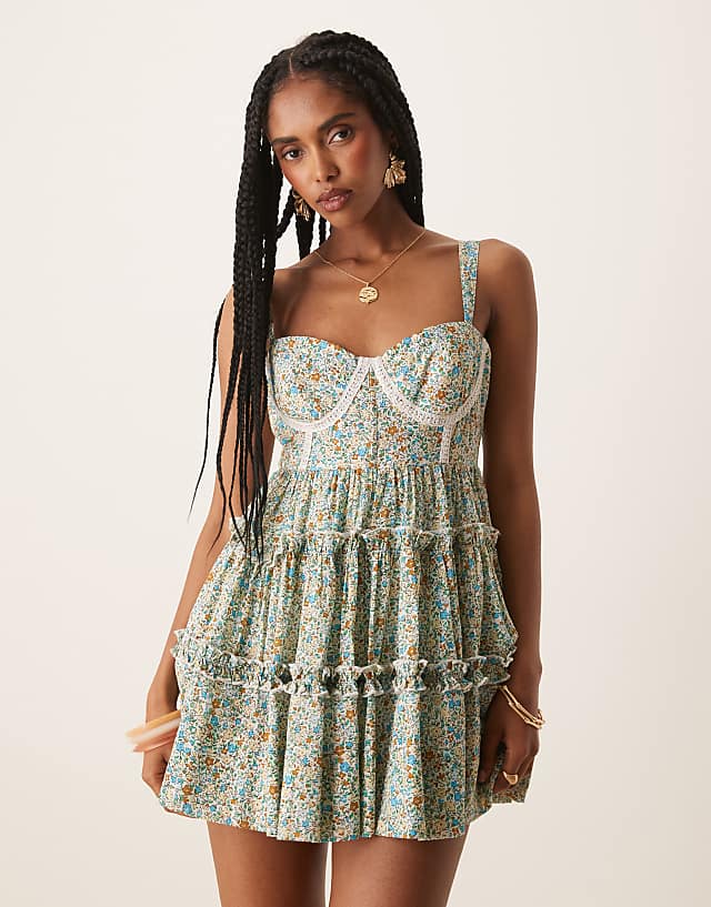 asos Lace & Beads lace trim corset ruffle mini dress in ditsy floral