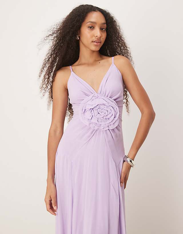 Asos Lace & Beads Maxi Dress With Rose Detail In Lilac