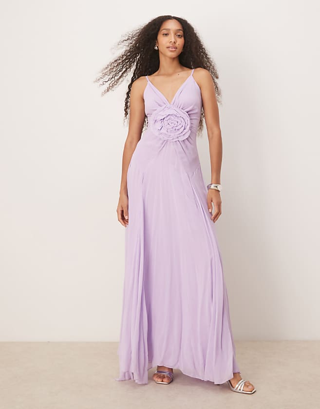 asos Lace & Beads maxi dress with rose detail in Lilac