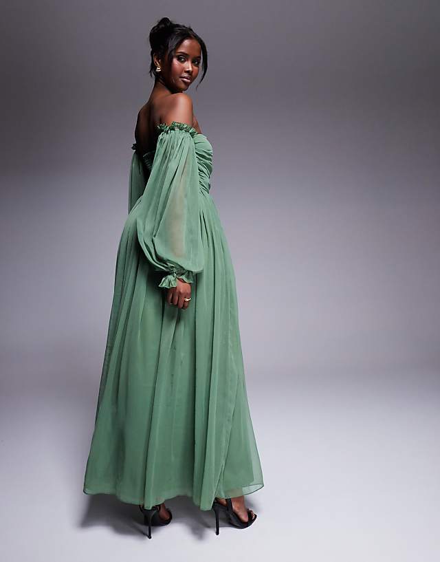 Asos Lace & Beads Off Shoulder Balloon Sleeve Maxi Dress In Olive