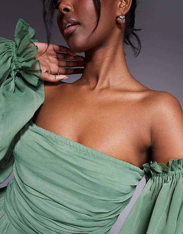 Asos Lace & Beads Off Shoulder Balloon Sleeve Maxi Dress In Olive