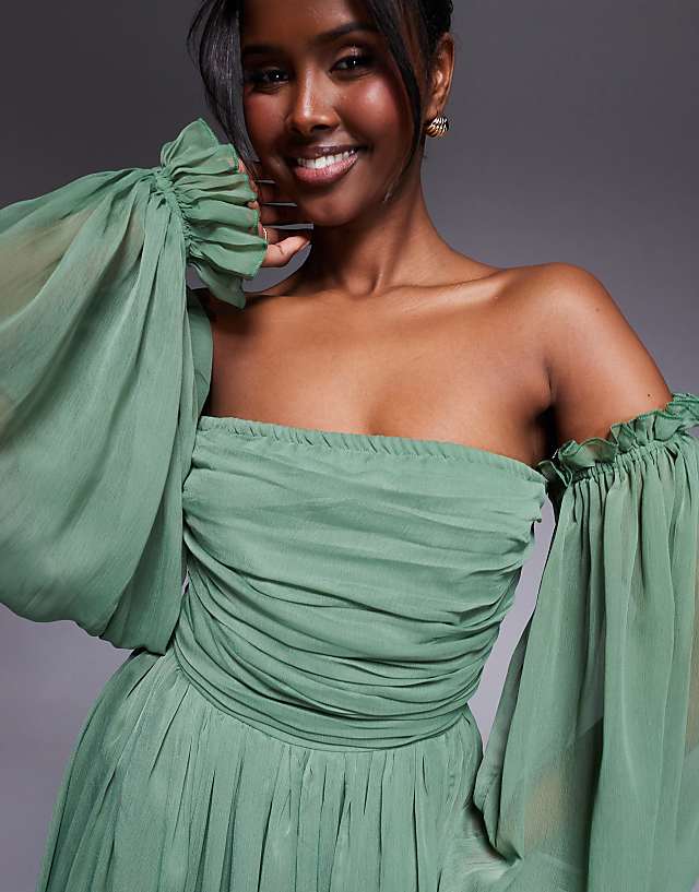 Asos Lace & Beads Off Shoulder Balloon Sleeve Maxi Dress In Olive