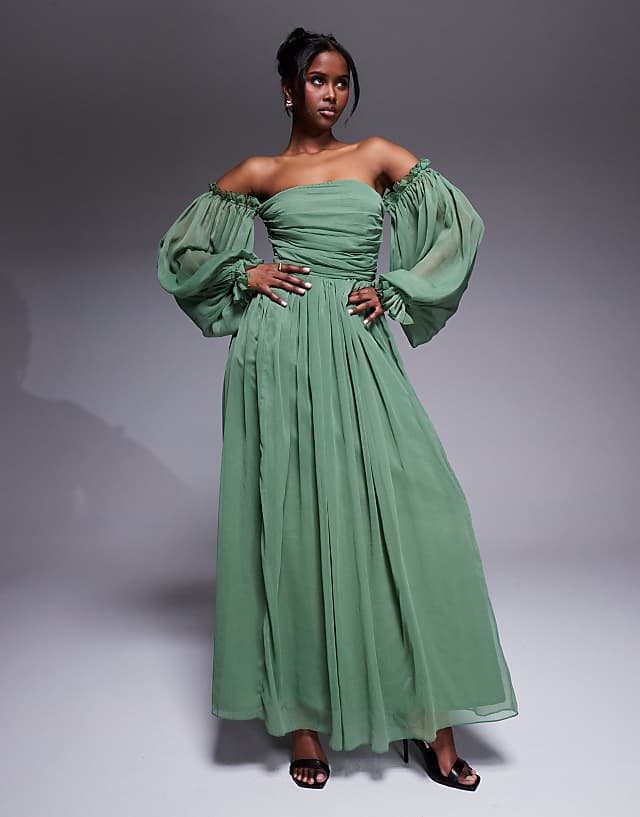 asos Lace & Beads off shoulder balloon sleeve maxi dress in olive