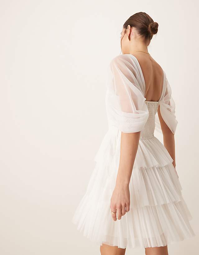 Asos Lace & Beads Off Shoulder Corset Tulle Mini Dress In Ivory