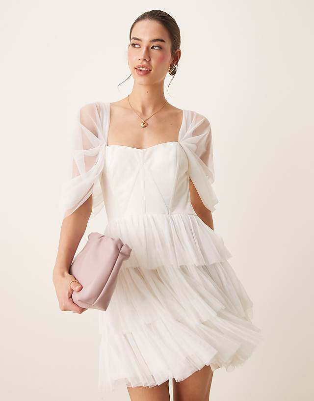 Asos Lace & Beads Off Shoulder Corset Tulle Mini Dress In Ivory