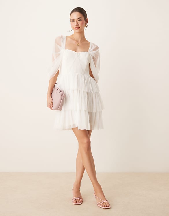 asos Lace & Beads off shoulder corset tulle mini dress in ivory
