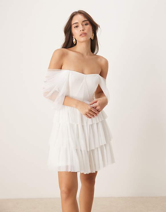 asos Lace & Beads off shoulder corset tulle mini dress in ivory