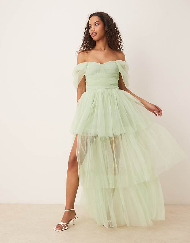 Asos Lace & Beads Off Shoulder High Low Tulle Maxi Dress In Sage