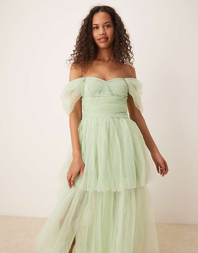 Asos Lace & Beads Off Shoulder High Low Tulle Maxi Dress In Sage