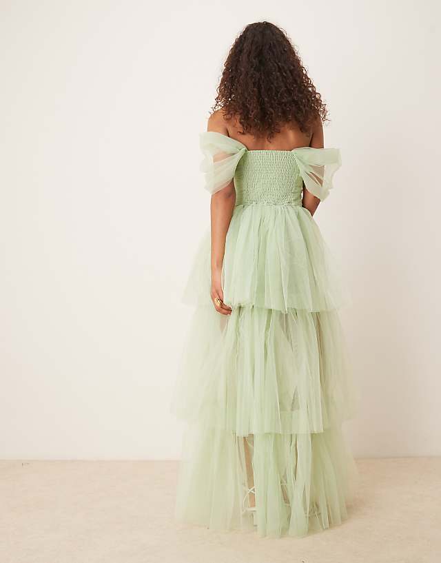 Asos Lace & Beads Off Shoulder High Low Tulle Maxi Dress In Sage