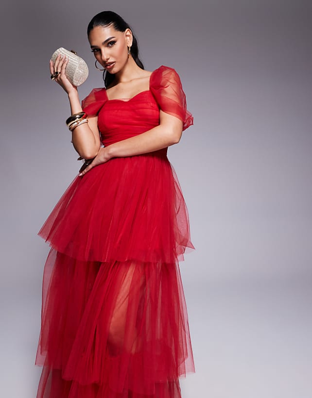 Asos Lace & Beads Off Shoulder High Low Tulle Maxi Dress In Red