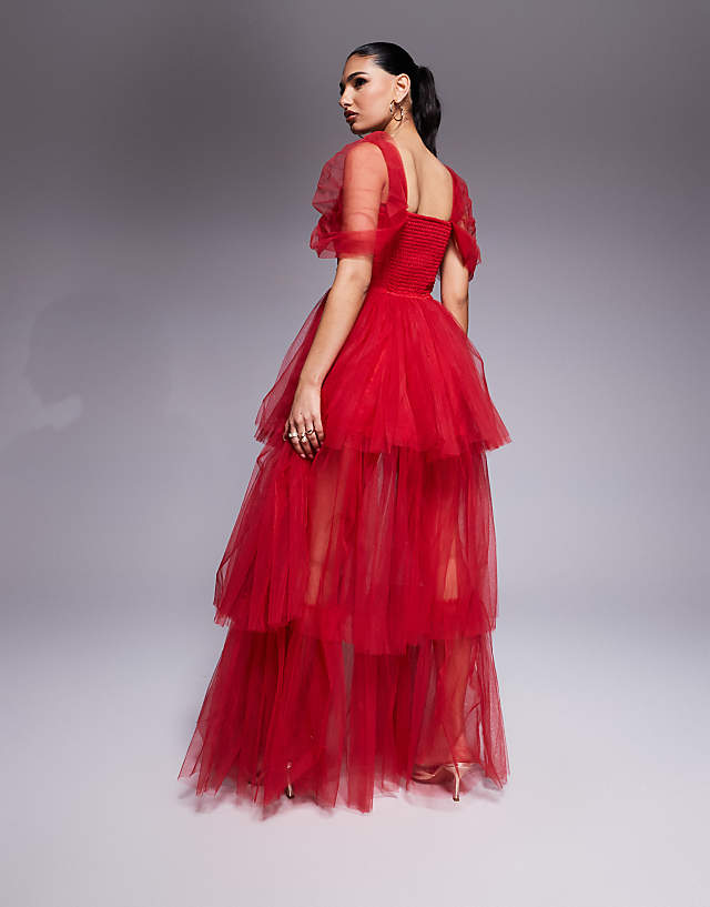 Asos Lace & Beads Off Shoulder High Low Tulle Maxi Dress In Red