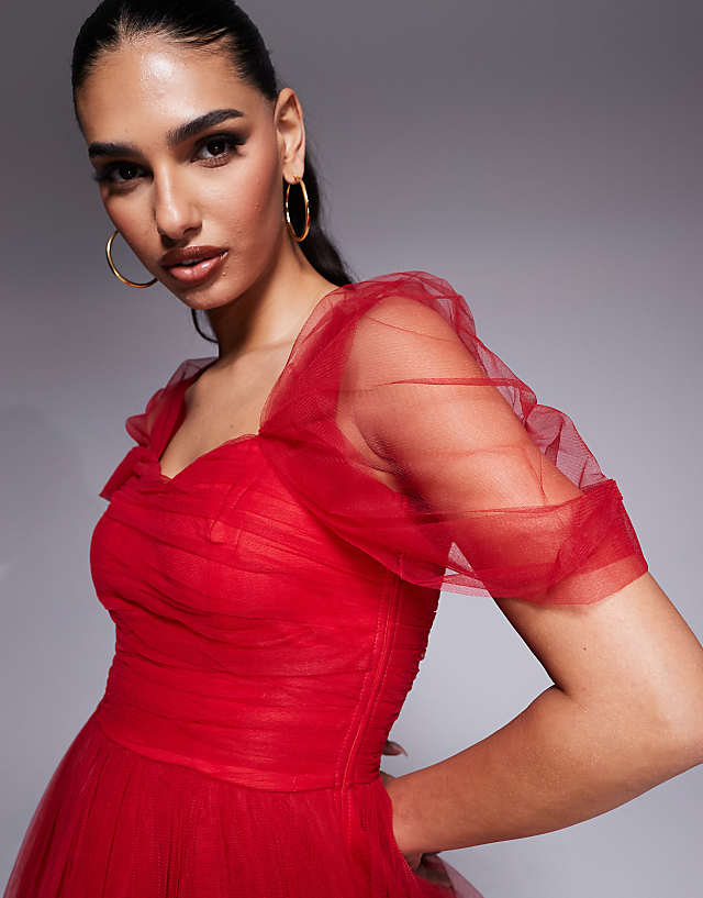 Asos Lace & Beads Off Shoulder High Low Tulle Maxi Dress In Red