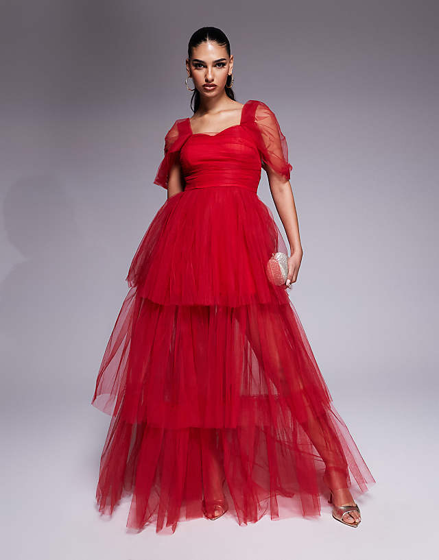 asos Lace & Beads off shoulder high low tulle maxi dress in red