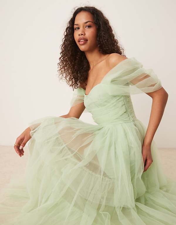 asos Lace & Beads off shoulder high low tulle maxi dress in sage