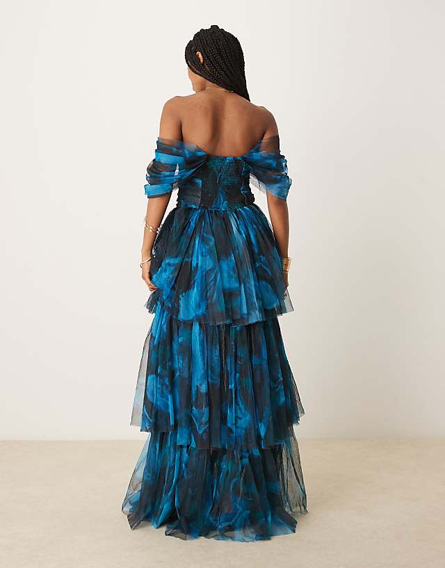Asos Lace & Beads Off Shoulder Tulle Maxi Dress In Watercolour Blue