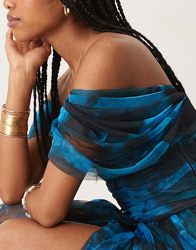 Asos Lace & Beads Off Shoulder Tulle Maxi Dress In Watercolour Blue
