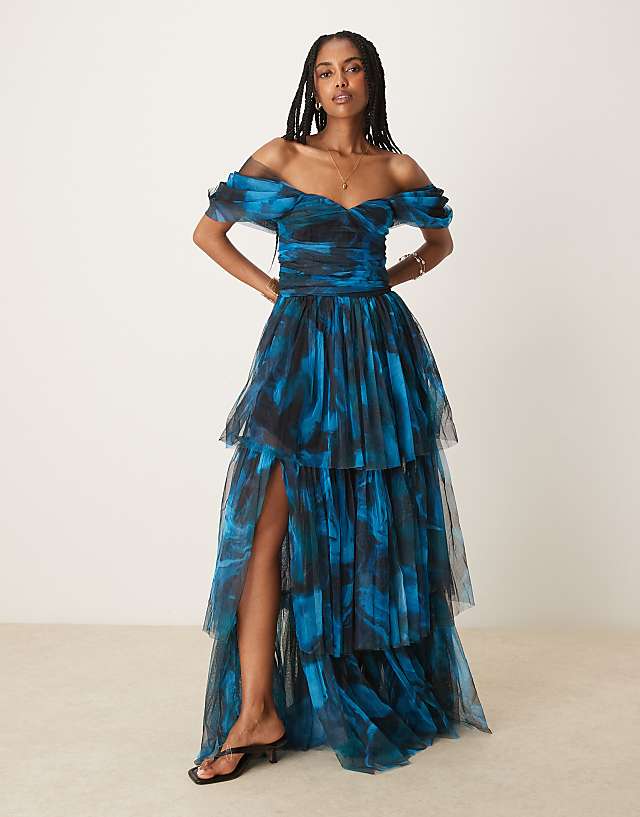 asos Lace & Beads off shoulder tulle maxi dress in watercolour blue