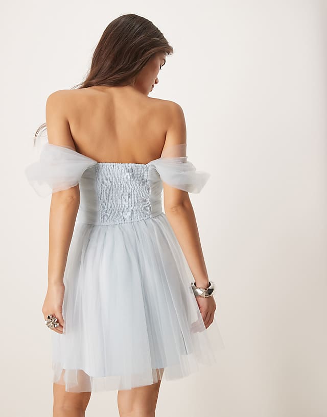 Asos Lace & Beads Off Shoulder Tulle Mini Dress In Sky Blue