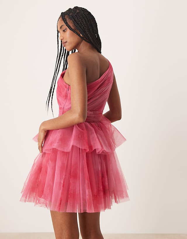 Asos Lace & Beads One Shoulder Tiered Mini Dress In Pink Ombre
