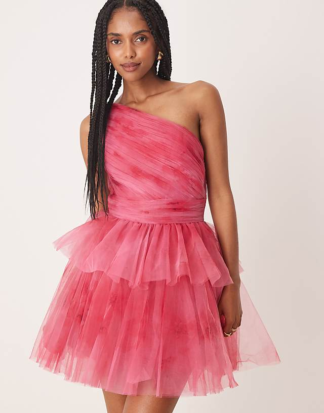 asos Lace & Beads one shoulder tiered mini dress in pink ombre