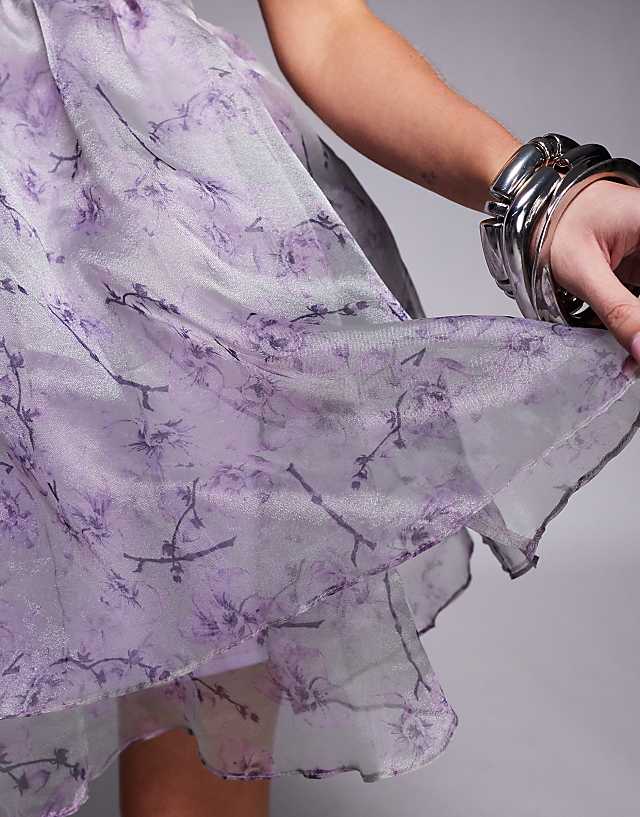 Asos Lace & Beads Organza Babydoll Micro Mini Dress In Lavender Lilac