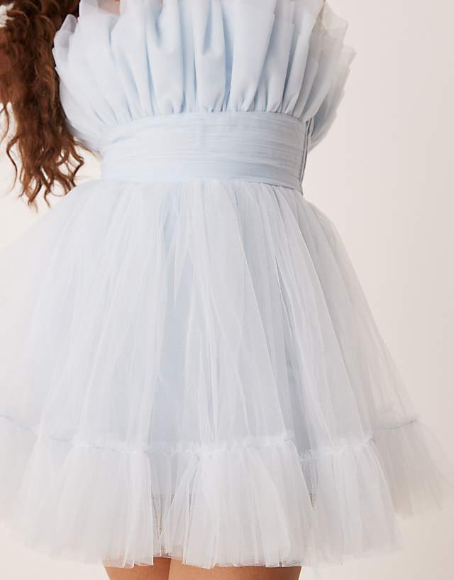 Asos Lace & Beads Petite Bandeau Structured Tulle Mini Dress In Sky Blue