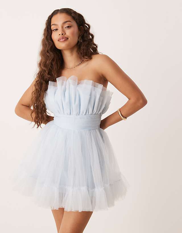 Asos Lace & Beads Petite Bandeau Structured Tulle Mini Dress In Sky Blue