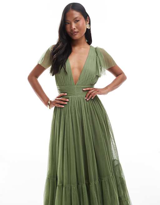 Asos Lace & Beads Petite Bridesmaid Madison Maxi Dress In Soft Olive