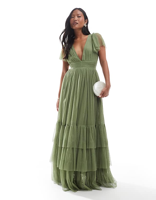 asos Lace & Beads Petite Bridesmaid Madison maxi dress in soft olive