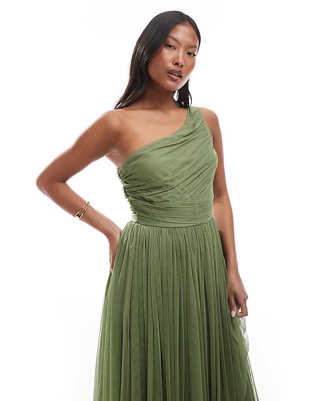 Asos Lace & Beads Petite Bridesmaid One Shoulder Maxi Dress In Soft Olive