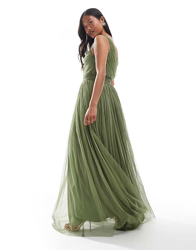Asos Lace & Beads Petite Bridesmaid One Shoulder Maxi Dress In Soft Olive