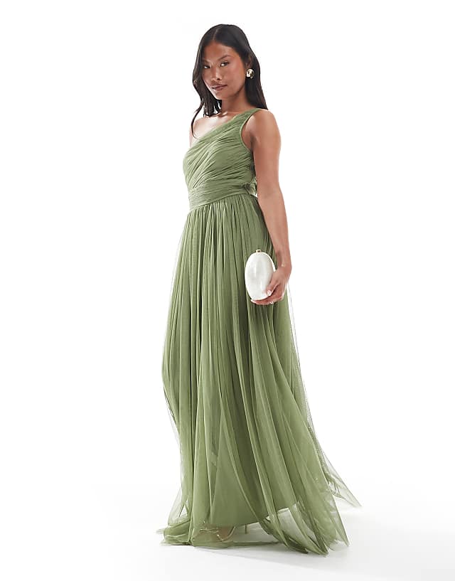 asos Lace & Beads Petite Bridesmaid one shoulder maxi dress in soft olive