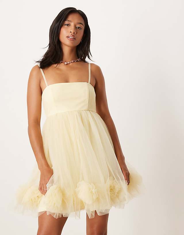 Asos Lace & Beads Petite Bubble Hem Babydoll Mini Dress In Lemon