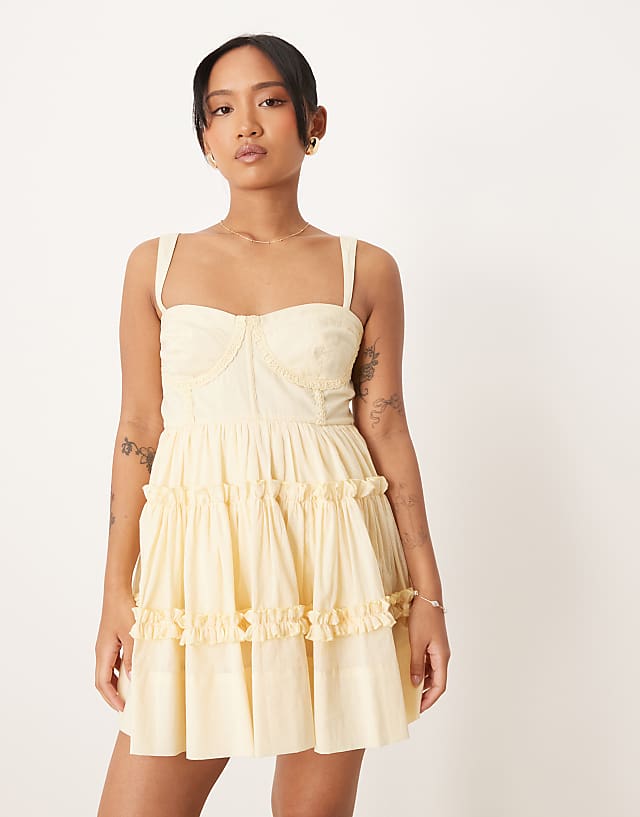 Asos Lace & Beads Petite Cotton Corset Ruffle Mini Dress In Lemon