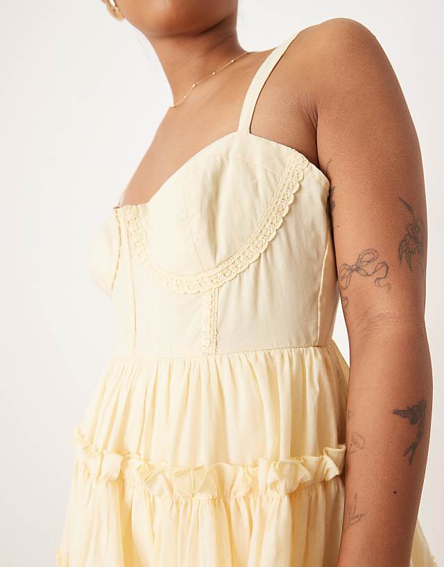 Asos Lace & Beads Petite Cotton Corset Ruffle Mini Dress In Lemon