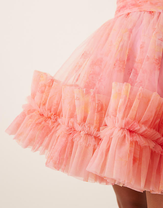 Asos Lace & Beads Petite Ruffle Hem Sweetheart Mini Tulle Dress In Baby Pink Floral