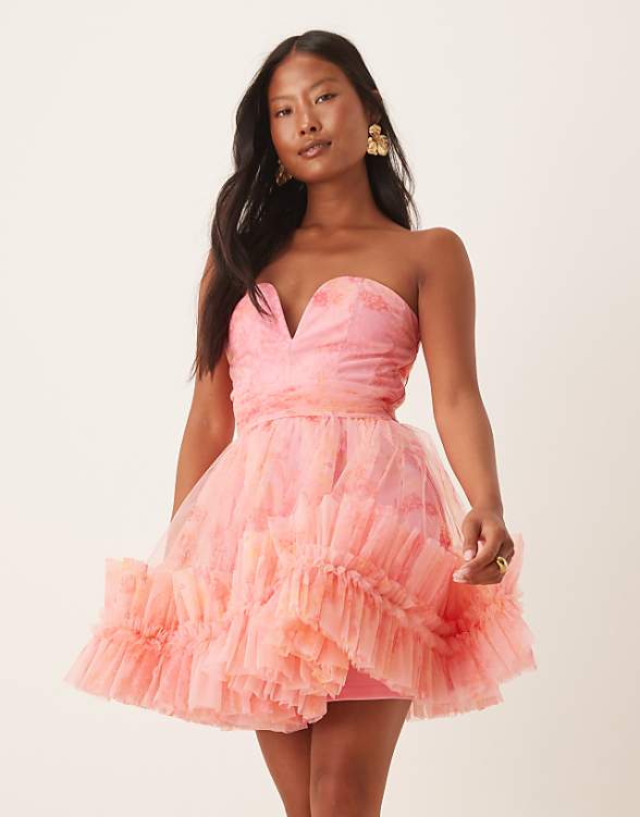 asos Lace & Beads Petite ruffle hem sweetheart mini tulle dress in baby pink floral