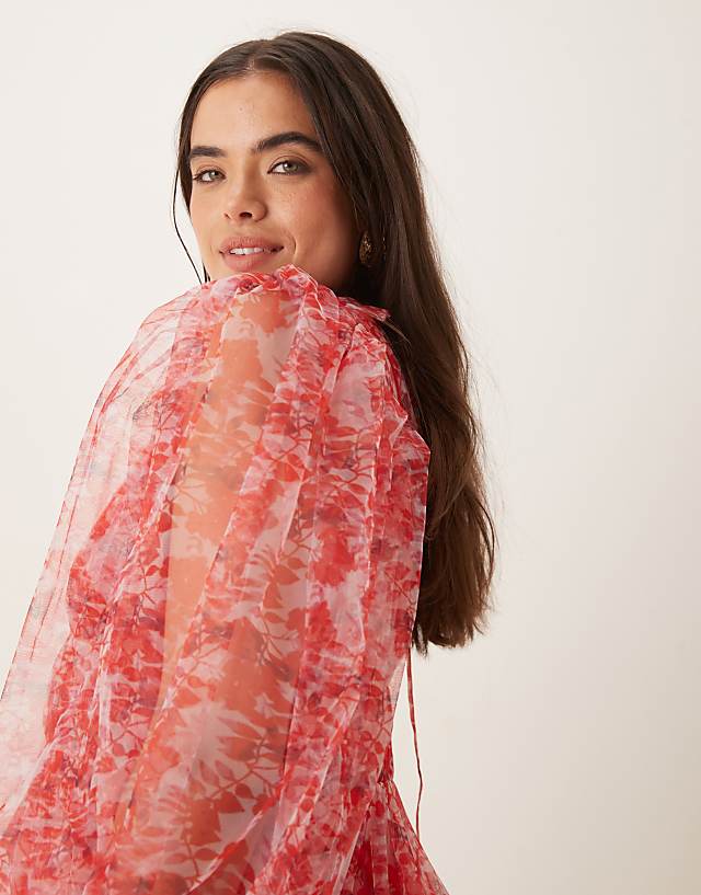 Asos Lace & Beads Plus Balloon Sleeve Organza Mini Dress In Red Floral